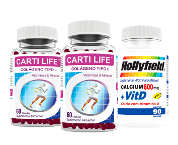 Colágeno Tipo Ii Cartilife 60 Caps Kit 2 + 1 Cálcio Hollyfield 