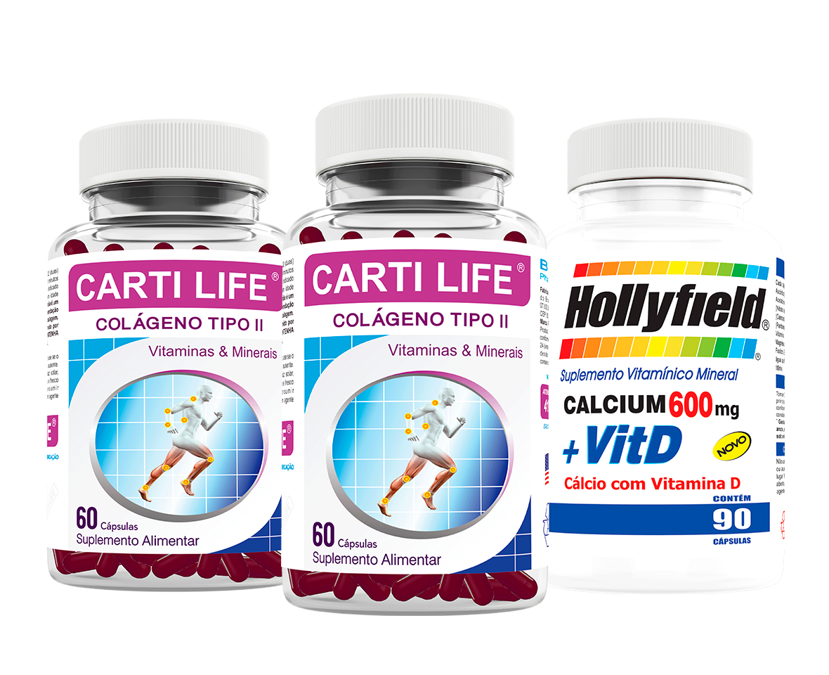 Colágeno Tipo Ii Cartilife 60 Caps Kit 2 + 1 Cálcio Hollyfield 