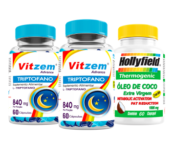 Triptofano Vitzem 500mg 60 Caps Kit 02 + 1 óleo de Coco Hollyfield 