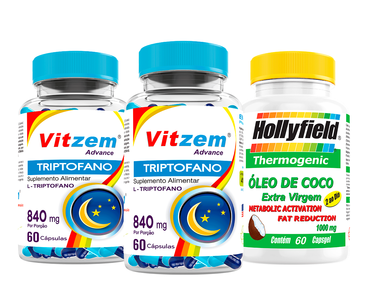 Triptofano Vitzem 500mg 60 Caps Kit 02 + 1 óleo de Coco Hollyfield 