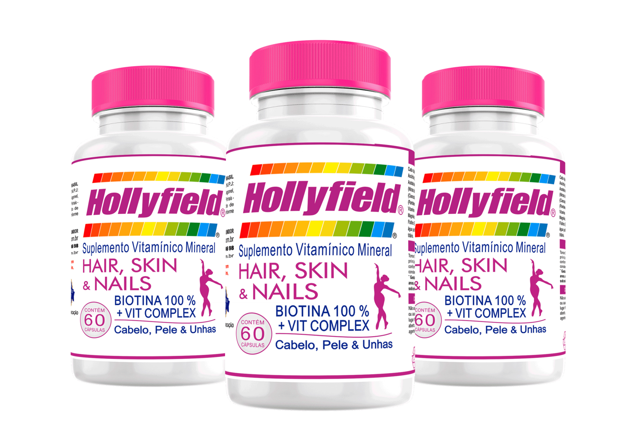 Vitamina Cabelo, Pele e Unha Hollyfield 500mg 60 Cápsulas Kit com 3 