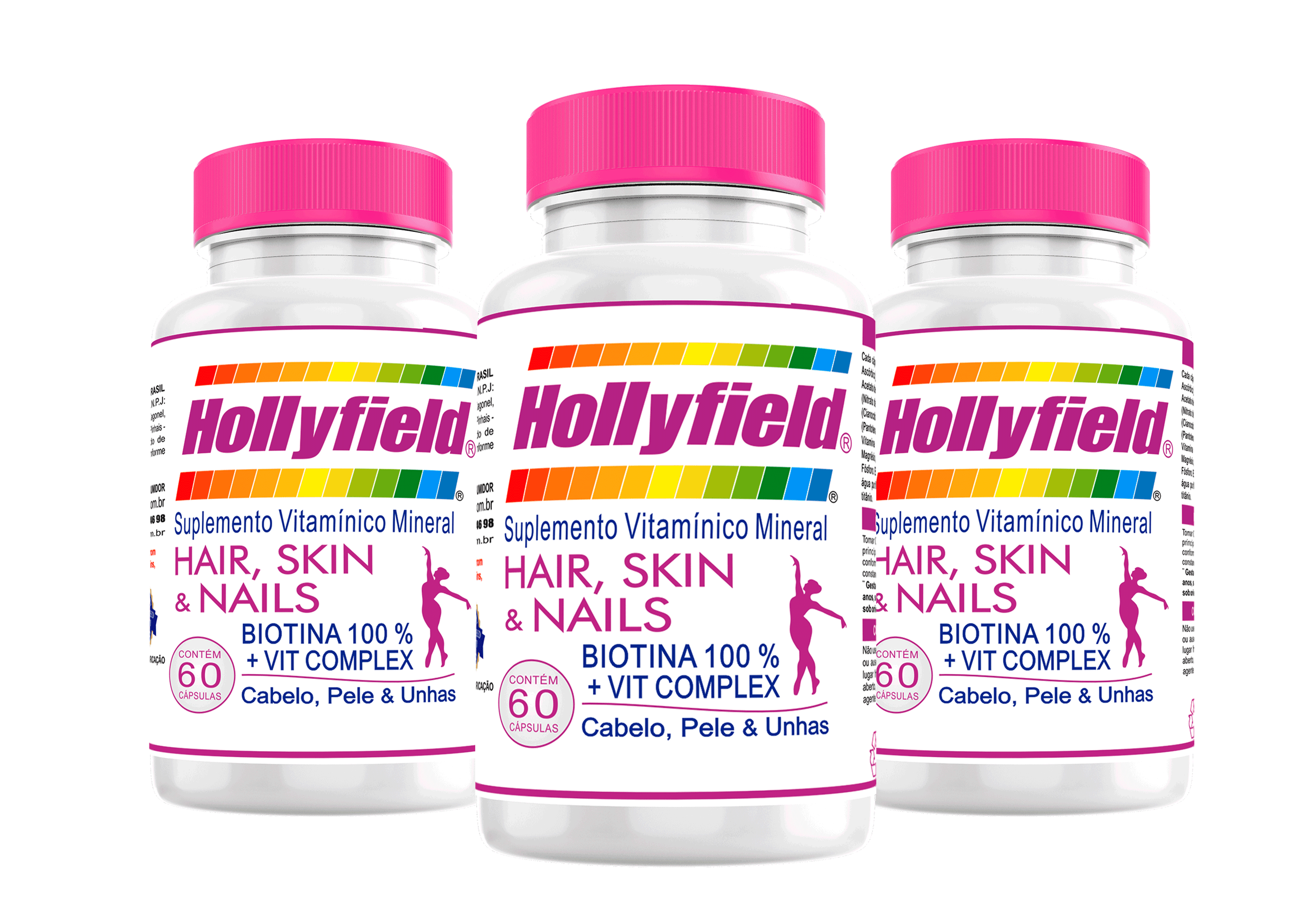 Vitamina Cabelo, Pele e Unha Hollyfield 500mg 60 Cápsulas Kit com 3 