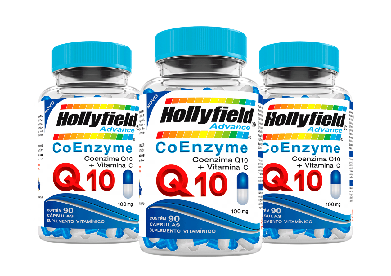 Q10 Coenzima Hollyfield + Vit C 100mg 90 Cápsulas Kit com 3 