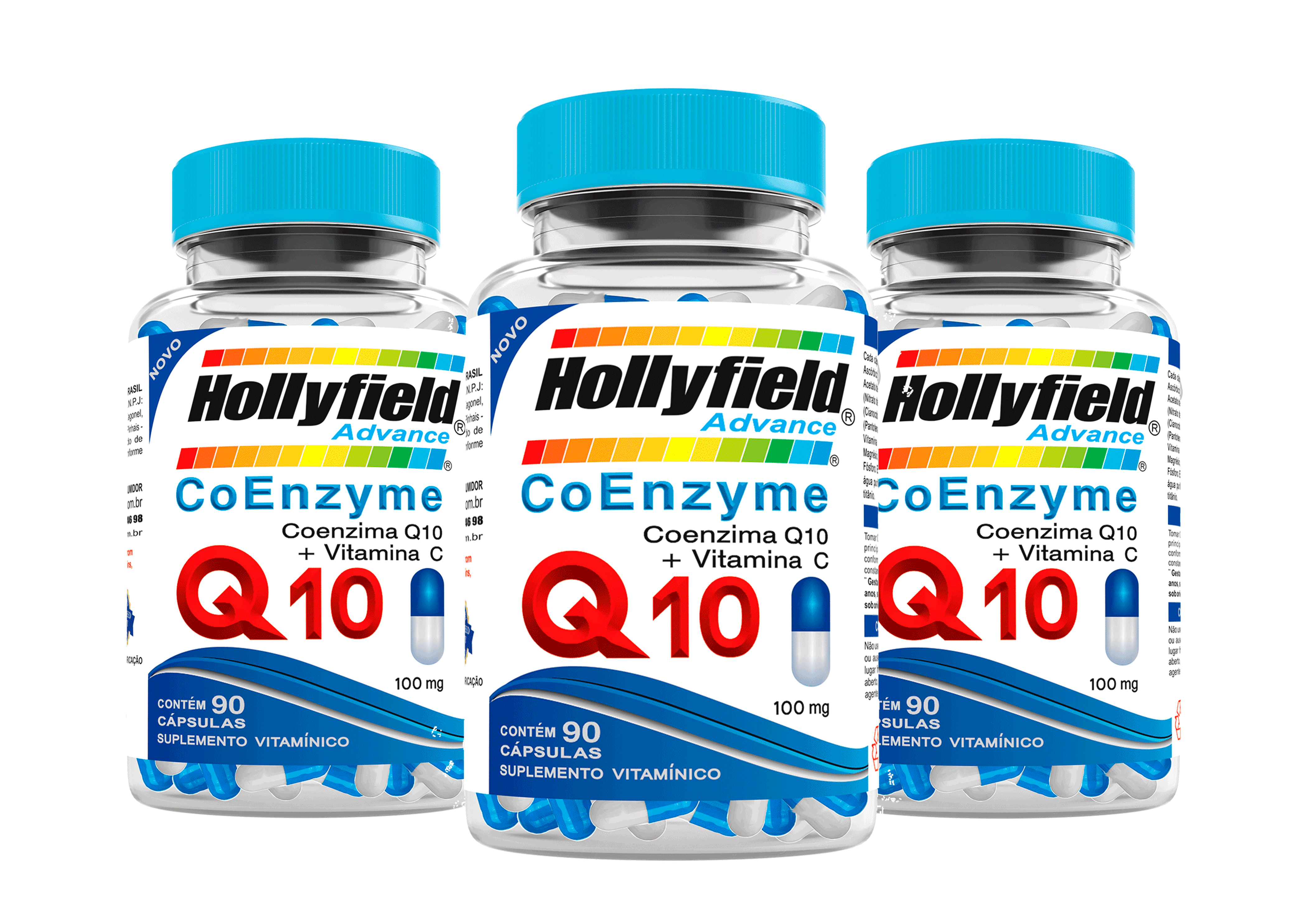 Q10 Coenzima Hollyfield + Vit C 100mg 90 Cápsulas Kit com 3 